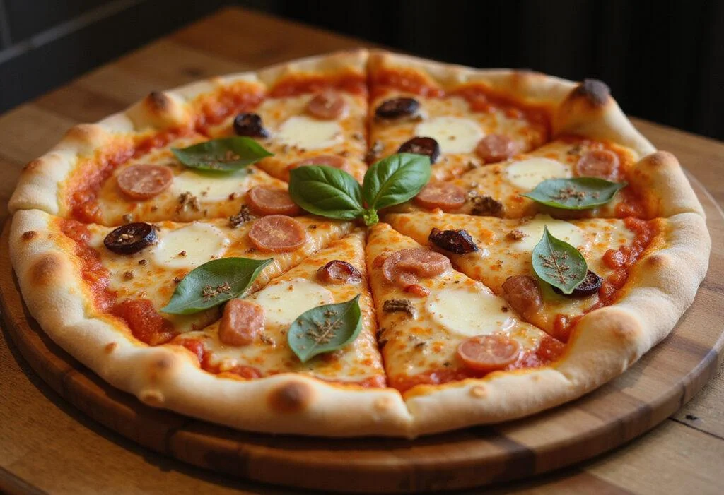 Deliciously baked Pizza Nova's Finest Selection ready to eat, featuring a perfect combination of melted cheese and fresh toppings.