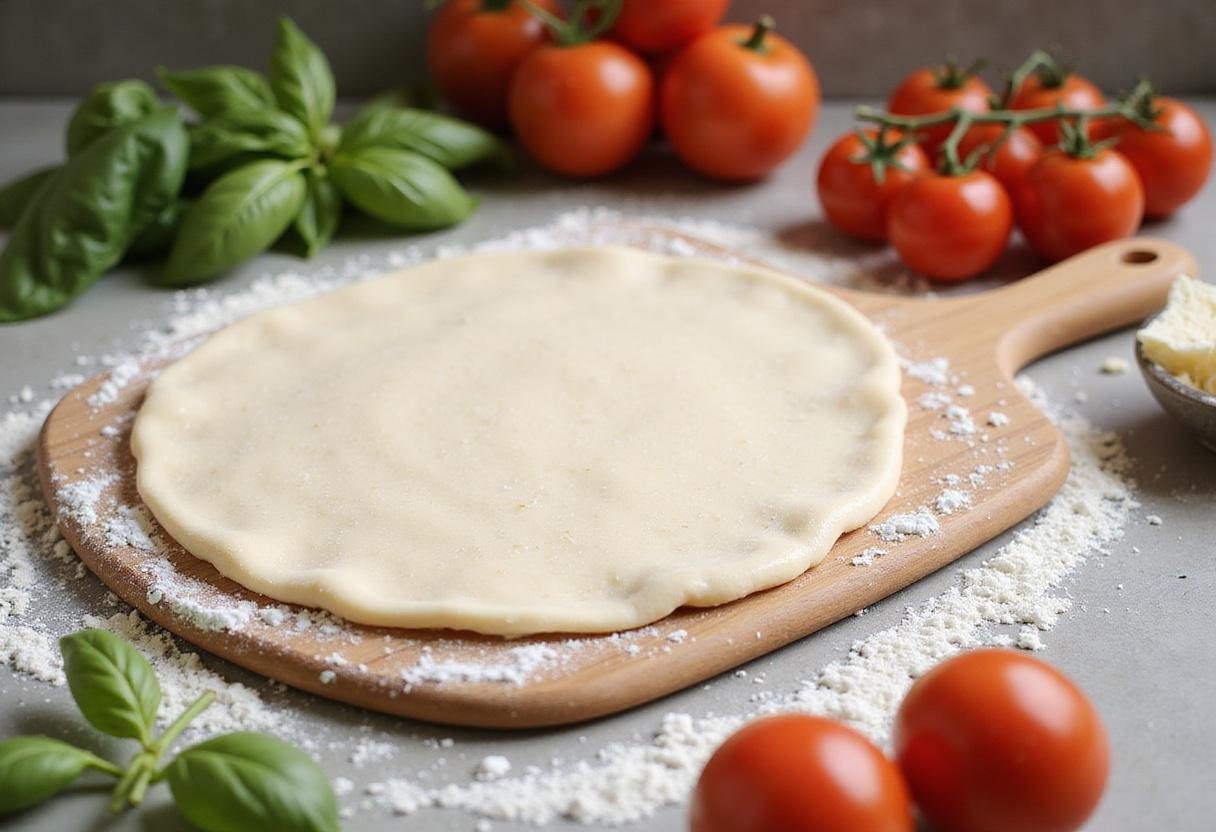 Fresh pizza dough preparation for Pizza Nova's Finest Selection, showcasing key ingredients like tomatoes and cheese on a countertop.