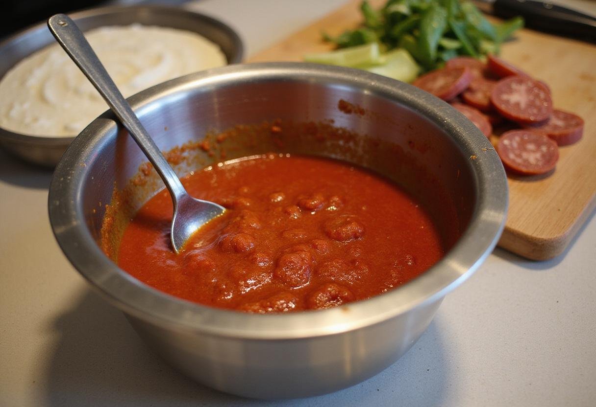 Homemade pizza sauce being prepared for Pizza Nova's Finest Selection, highlighting fresh vegetables and toppings on the side.