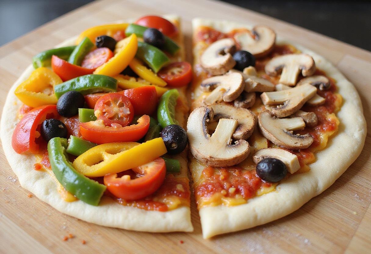 Colorful toppings laid out for Pizza Nova's Finest Selection, featuring fresh vegetables ready to be added to pizza.