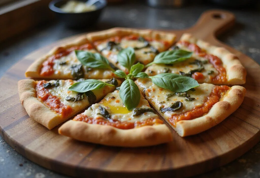 Deliciously served primavera pizza on a wooden cutting board, enhanced with fresh basil and olive oil in a charming kitchen, perfect for sharing and enjoying.
