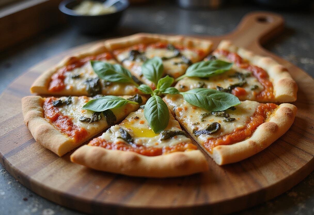 Deliciously served primavera pizza on a wooden cutting board, enhanced with fresh basil and olive oil in a charming kitchen, perfect for sharing and enjoying.