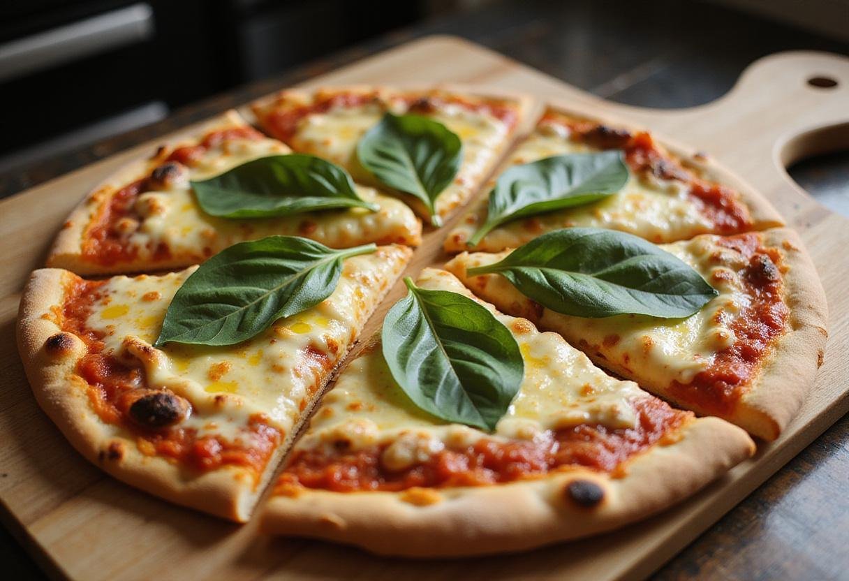 Deliciously served primavera pizza on a wooden cutting board, enhanced with fresh basil and olive oil in a charming kitchen, perfect for sharing and enjoying.