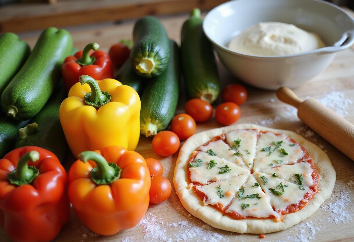 Fresh vegetables and pizza dough ready for making primavera pizza, featuring bell peppers, zucchini, and cherry tomatoes in a vibrant kitchen setting.