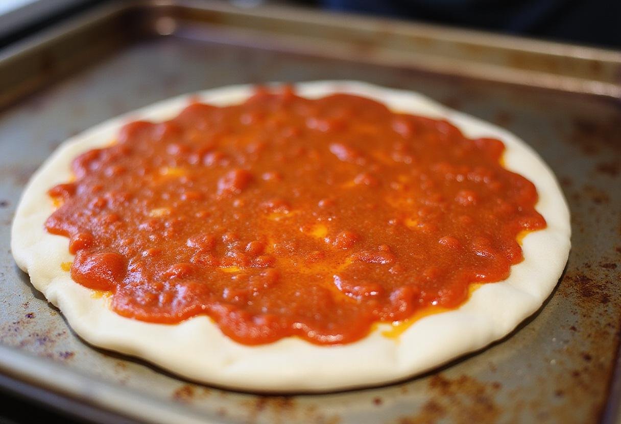 Rolled-out pizza dough with tomato sauce on a tray for primavera pizza preparation, showcasing the fresh and colorful ingredients in a cozy kitchen ambiance.