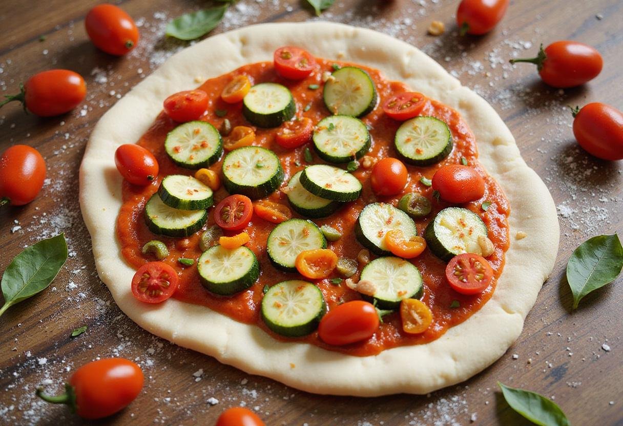 A colorful assortment of vegetables being added to pizza dough for primavera pizza, featuring bell peppers and zucchini in a homely kitchen atmosphere.