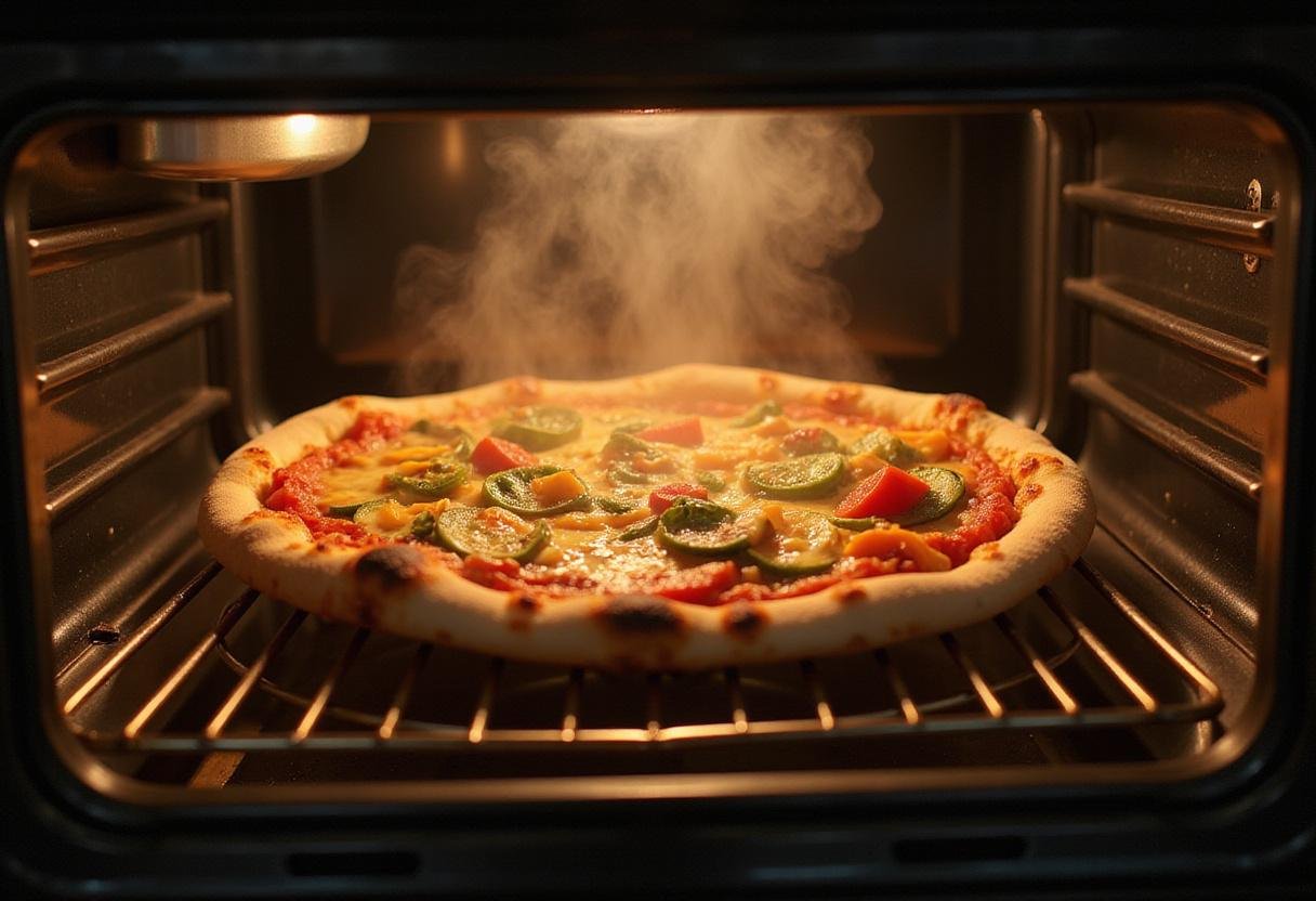 A delicious primavera pizza baking in the oven, showcasing melted cheese and fresh vegetables in a warm, inviting kitchen environment.