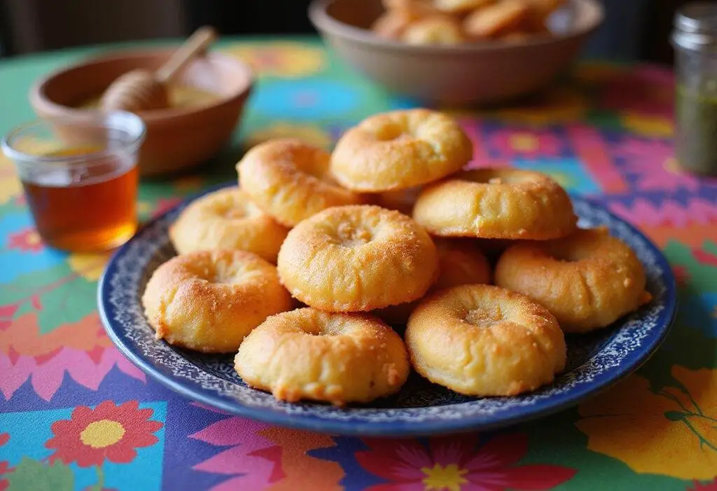Festively presented puffy golden sopapillas on a colorful table, showcasing traditional sopaipillas recipe at a lively fiesta.