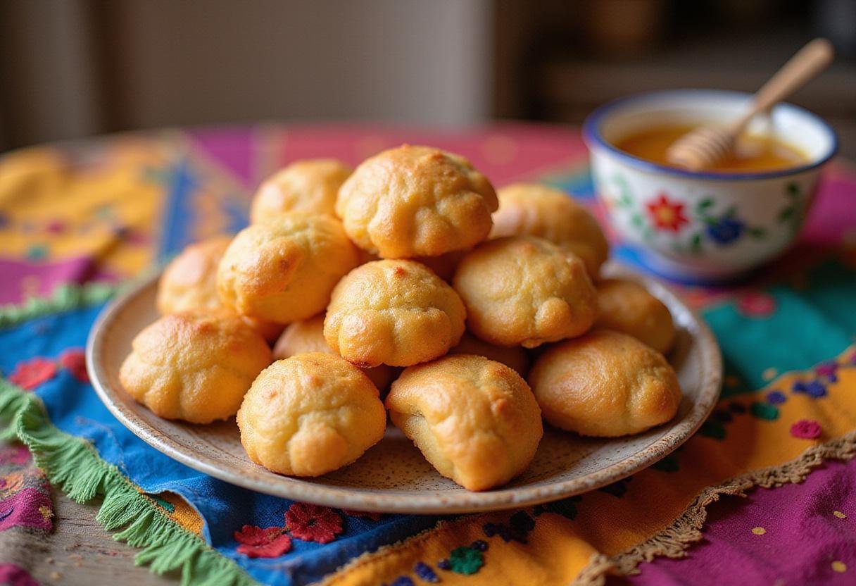 Festively presented puffy golden sopapillas on a colorful table, showcasing traditional sopaipillas recipe at a lively fiesta.