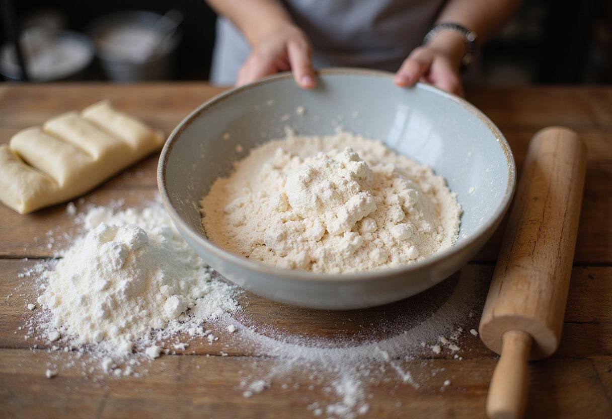 Homemade sopaipillas recipe ingredients including flour and baking powder on a wooden kitchen counter, showcasing a chef preparing the dough.