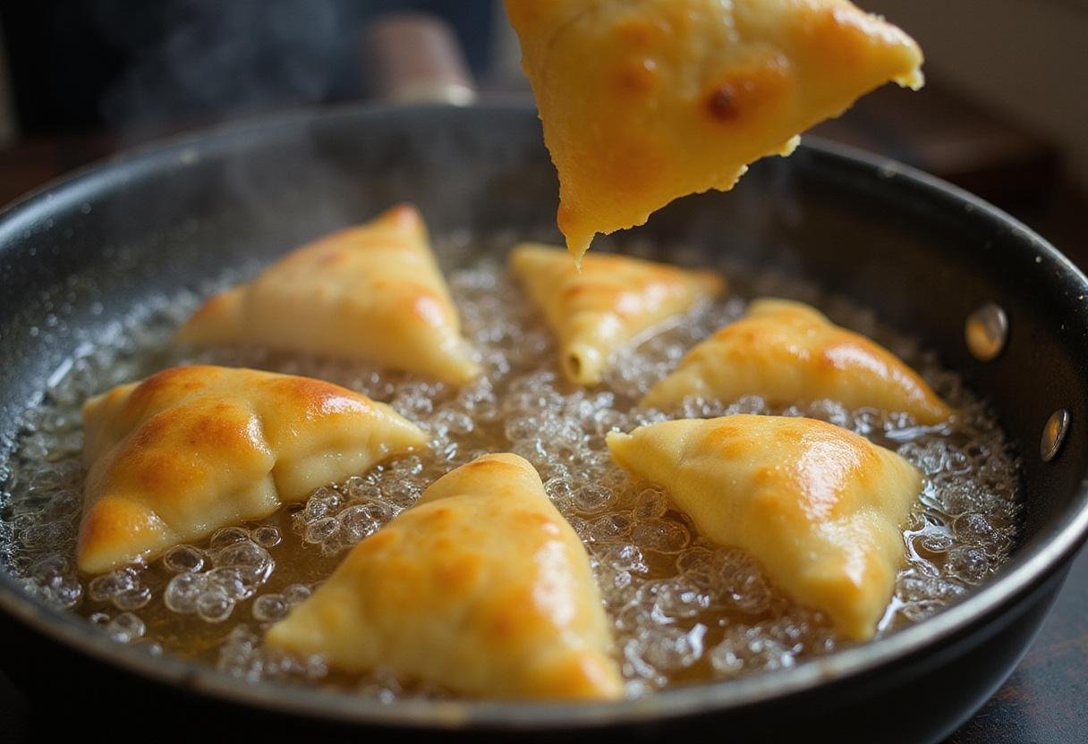 Frying triangles of dough in hot oil for puffy sopapillas, capturing the essence of a traditional sopaipillas recipe.