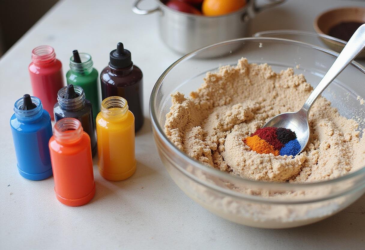 Adding colorful food dye to the puffy paint recipe mixture for creative edible art.