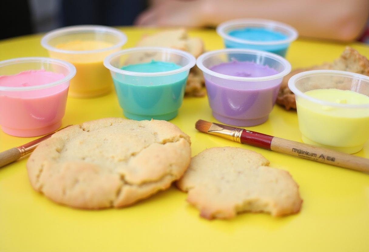 Colorful cups of puffy paint ready for use, creating a playful edible art session with vibrant colors.