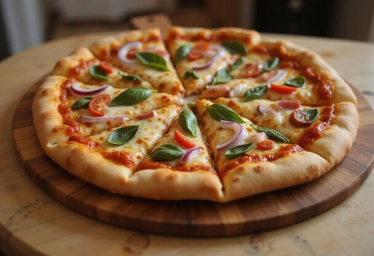 Delicious finished puzzle pizza from Praha, showcasing its colorful toppings and appetizing presentation.