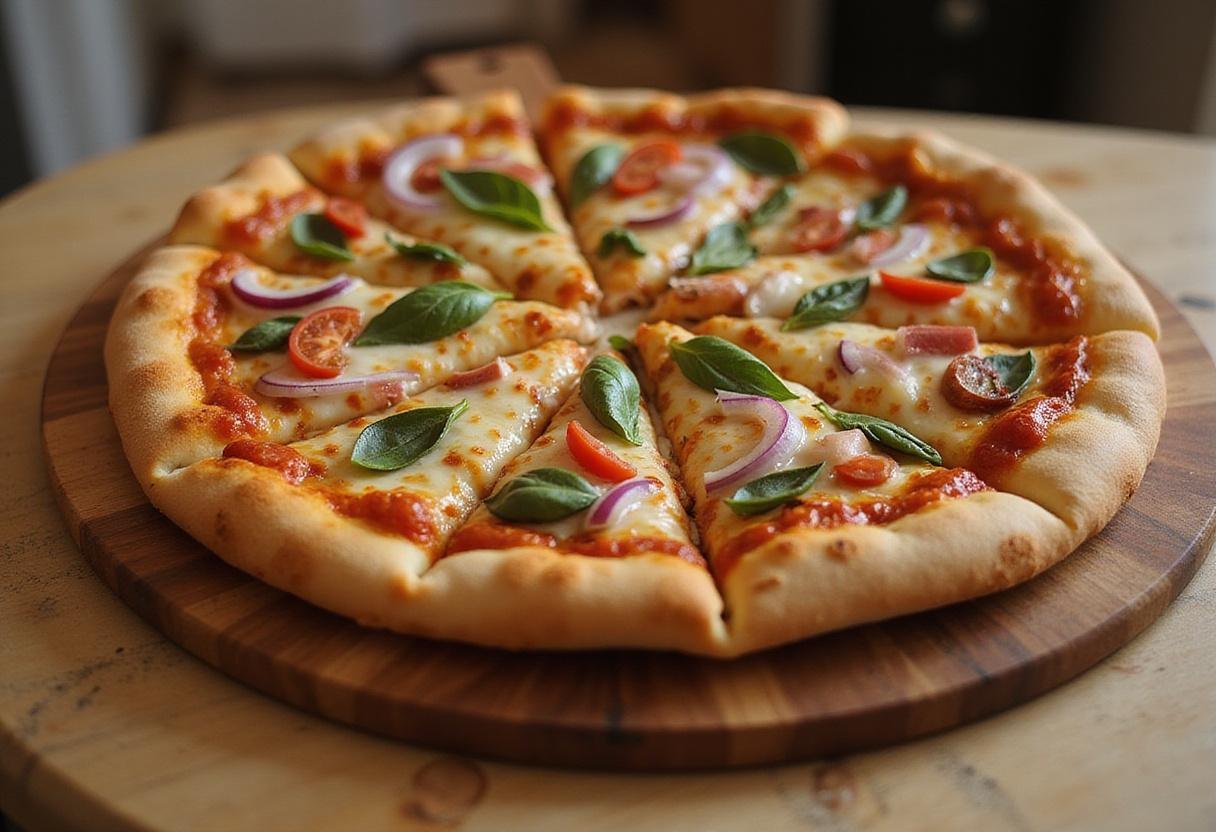 Delicious finished puzzle pizza from Praha, showcasing its colorful toppings and appetizing presentation.
