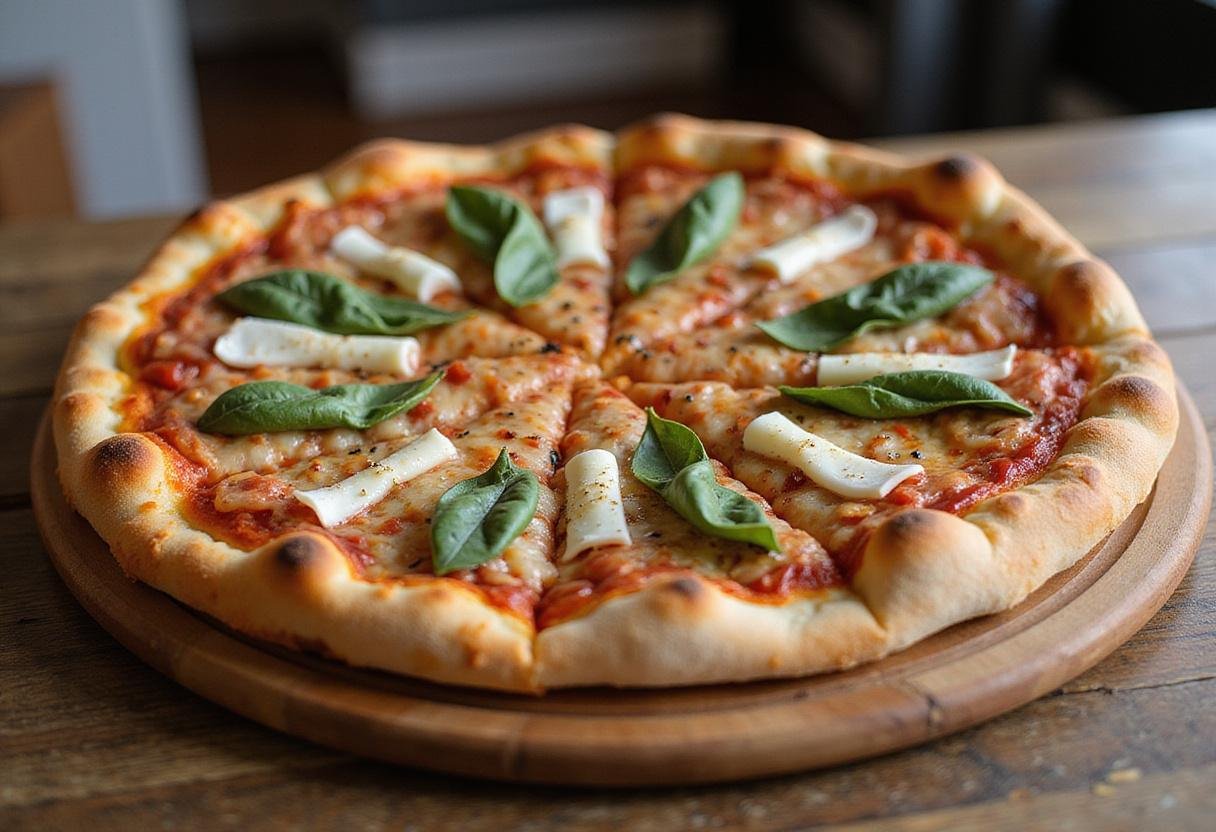 Delicious finished puzzle pizza from Praha, showcasing its colorful toppings and appetizing presentation.