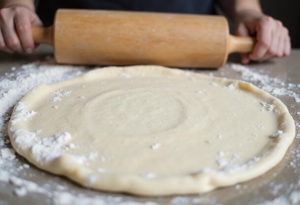 Homemade pizza dough preparation for puzzle pizza in Praha, showcasing rolling out pizza dough.