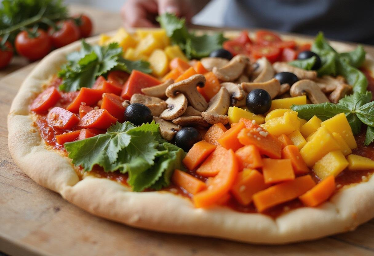 Fresh ingredients for puzzle pizza in Praha, highlighting diced vegetables for a colorful topping.