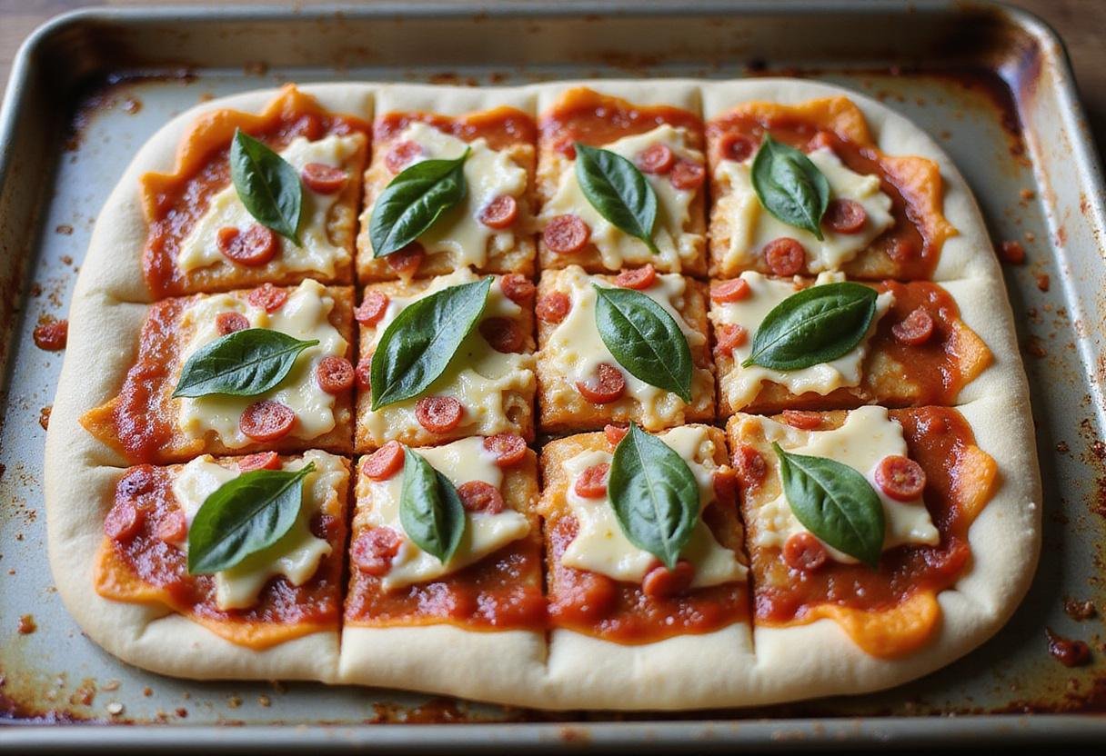 Assembling puzzle pizza in Praha, featuring a unique arrangement of sauce, cheese, and toppings on the dough.