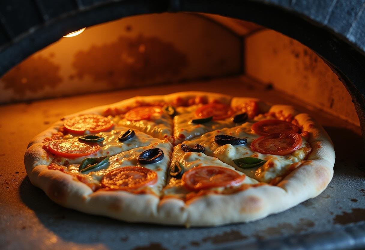 Baking puzzle pizza in Praha, highlighting the process of putting an assembled pizza into the oven.