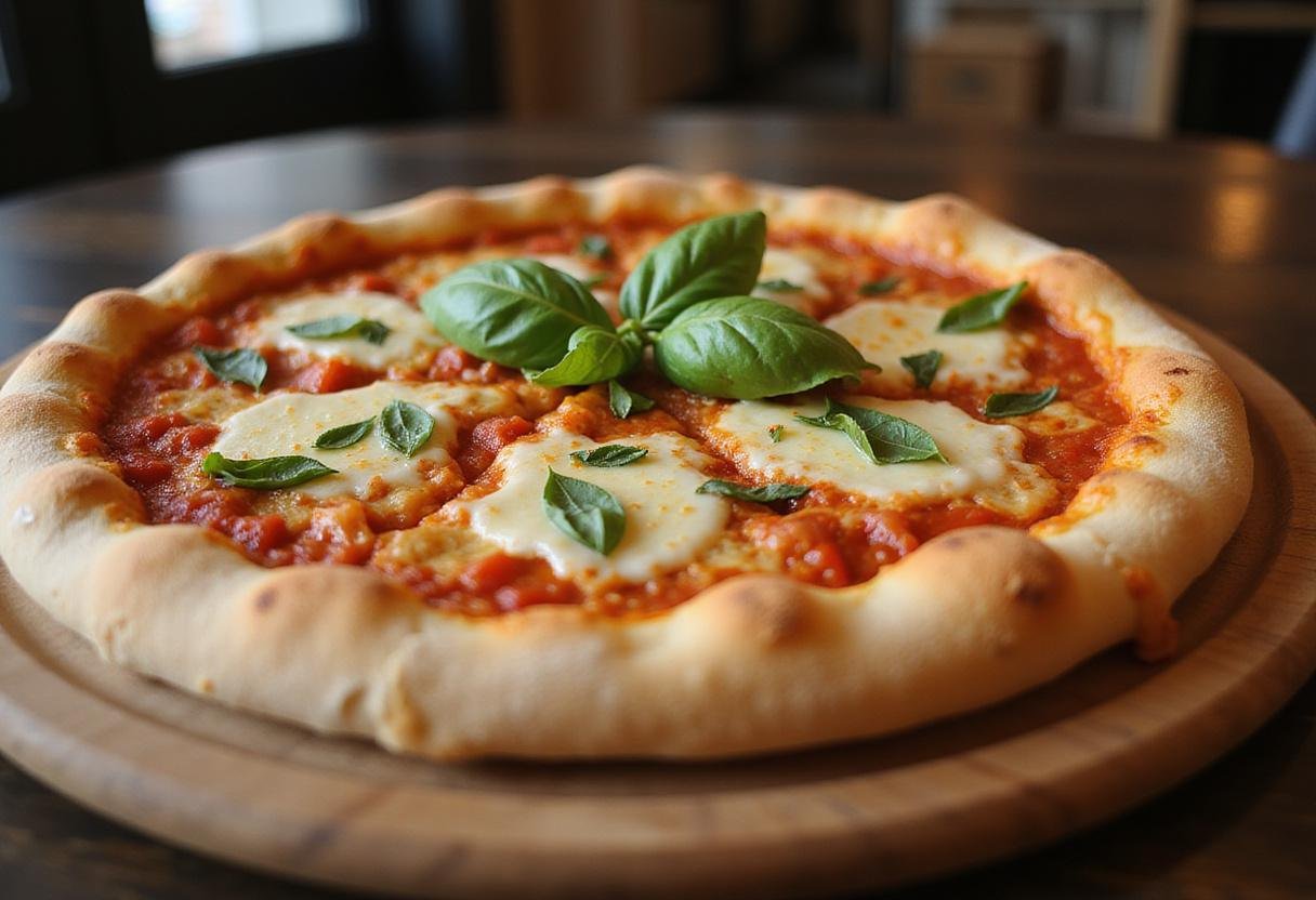 Final presentation of quality pizza with bubbling cheese and fresh basil, ready to enjoy.
