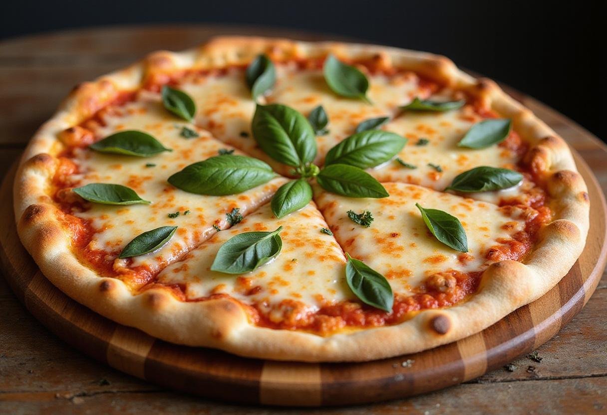 Final presentation of quality pizza with bubbling cheese and fresh basil, ready to enjoy.
