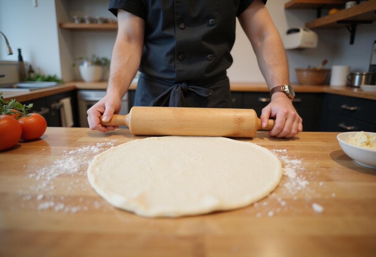 Expert chef preparing quality pizza dough on a countertop for perfect pizza crust.