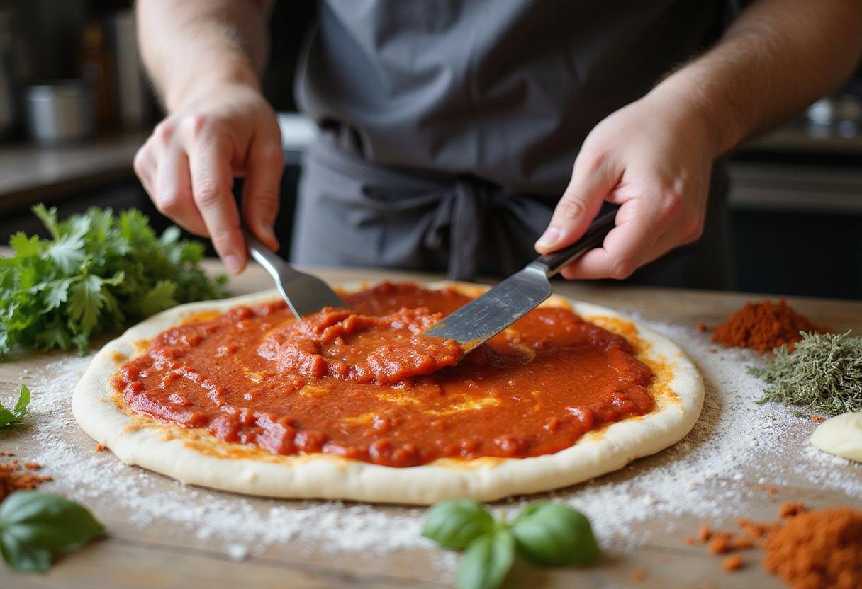 Delicious tomato sauce being spread on quality pizza dough for a flavorful pizza base.