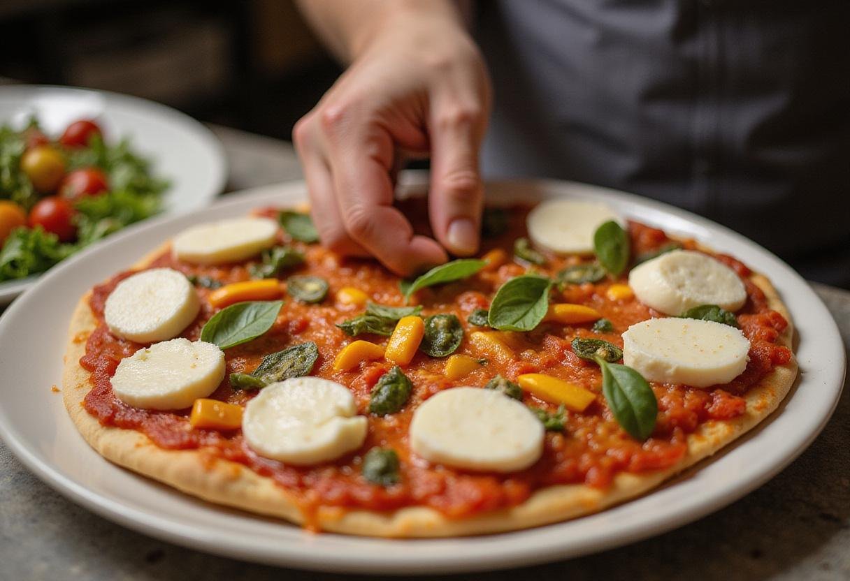 Fresh mozzarella and colorful veggies being added to quality pizza for a delicious topping.