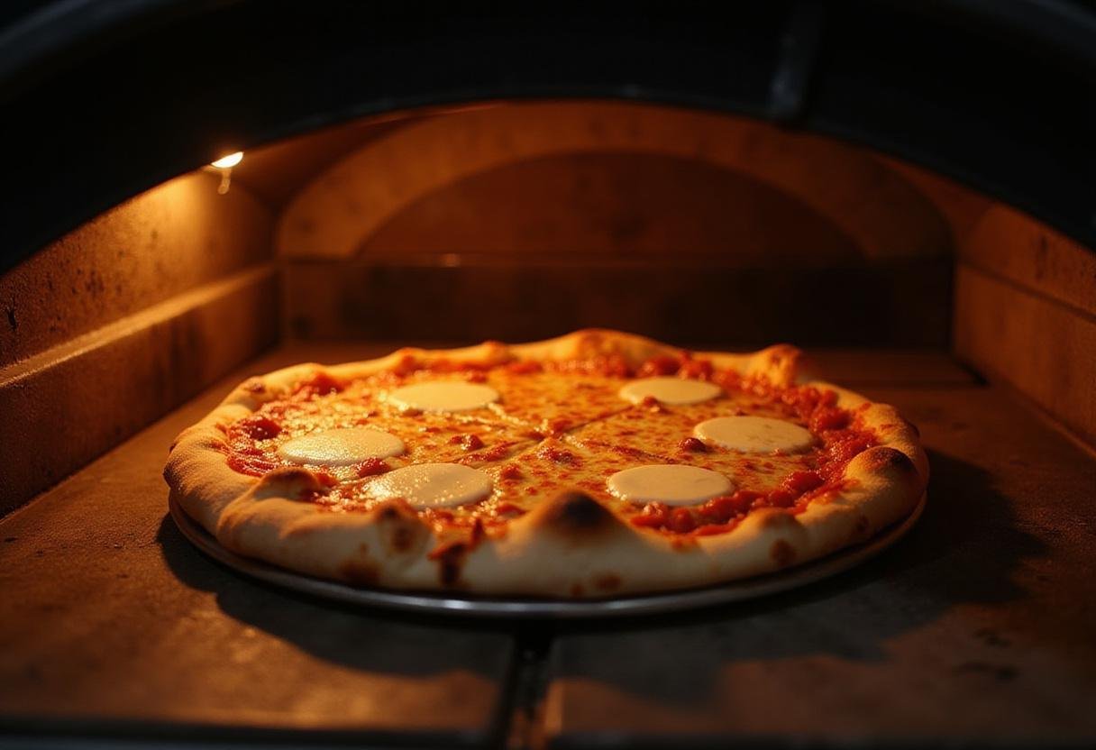 Quality pizza being baked in an oven, showcasing the cooking process for a perfect crispy crust.