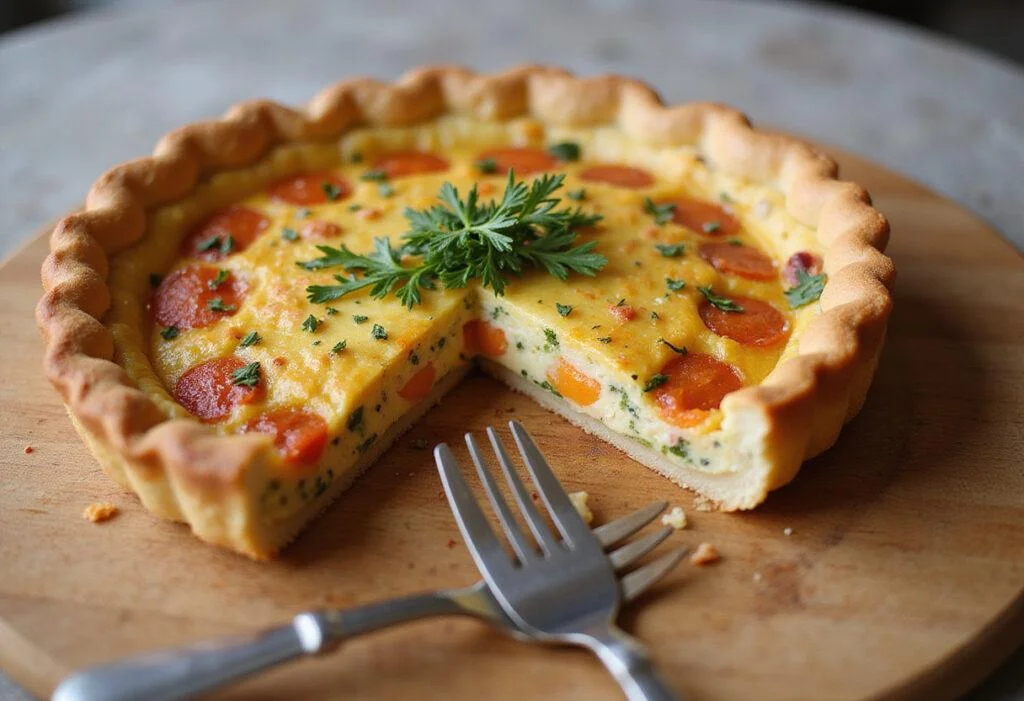 Delicious golden-brown quiche displayed on a board, showcasing a savory filling of vegetables and cheese, ideal for a quiche recipe.