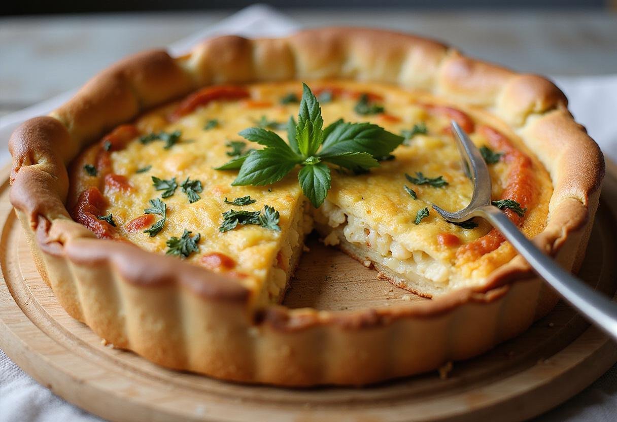 Delicious golden-brown quiche displayed on a board, showcasing a savory filling of vegetables and cheese, ideal for a quiche recipe.