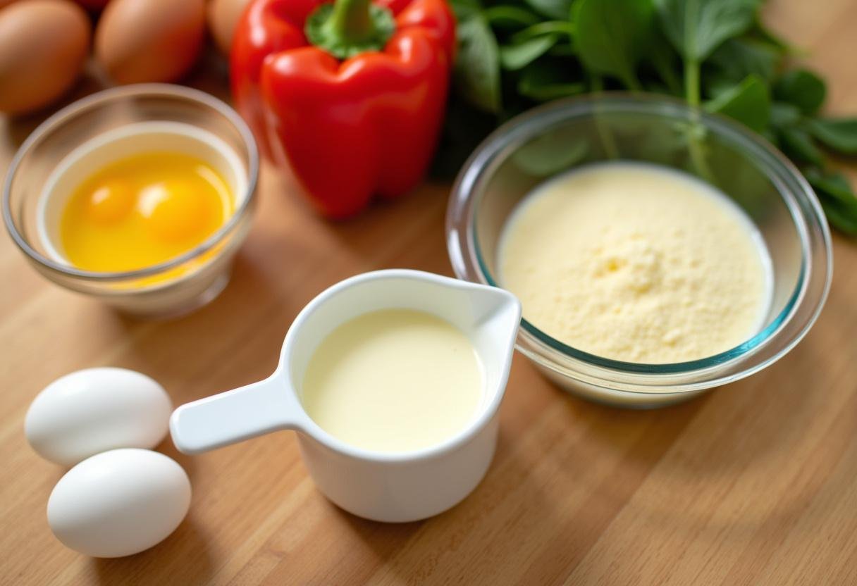 Fresh ingredients for quiche recipe including eggs, cream, cheese, and vegetables on a kitchen countertop.