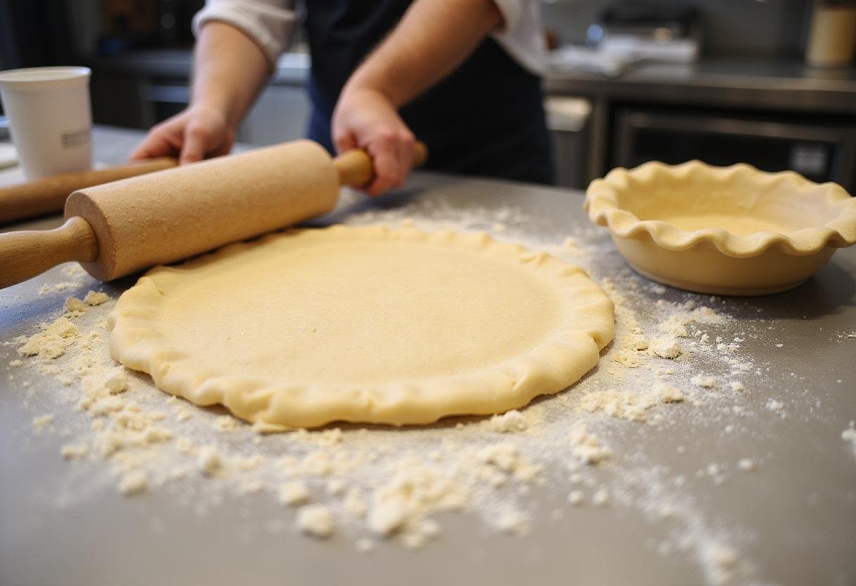 Chef rolling out pie crust for quiche recipe on a floured surface, showcasing culinary skills.