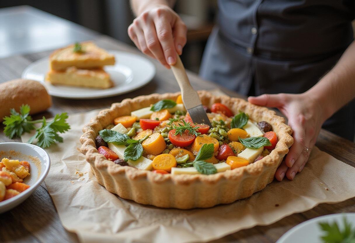 Layering ingredients in pie crust for a delicious quiche recipe, featuring colorful vegetables and cheese.