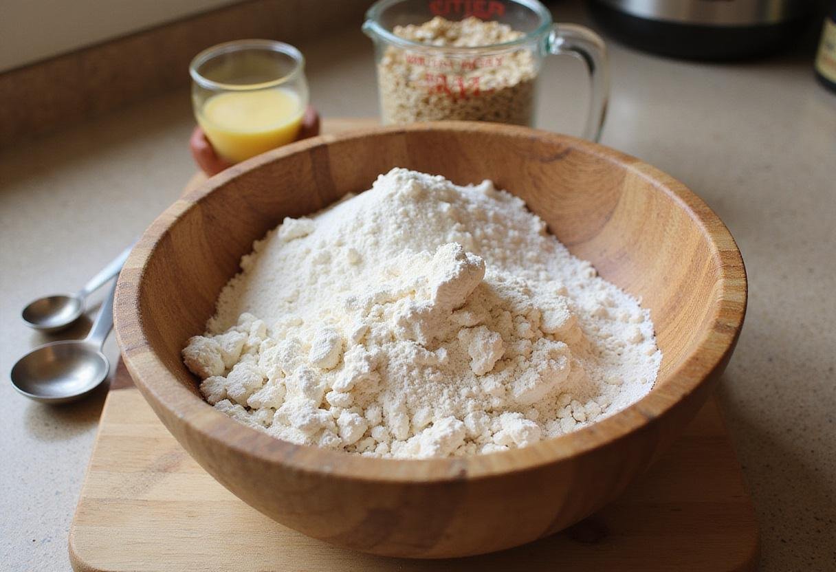 Preparation of ingredients for quick bites snack cookies, featuring flour, sugar, oats, and melted butter in a rustic kitchen setting.