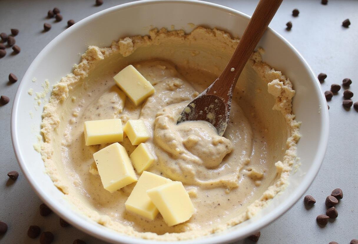 Mixing the batter for quick bites snack cookies in a cozy kitchen, with a focus on the creamy mixture and chocolate chips ready to be included.