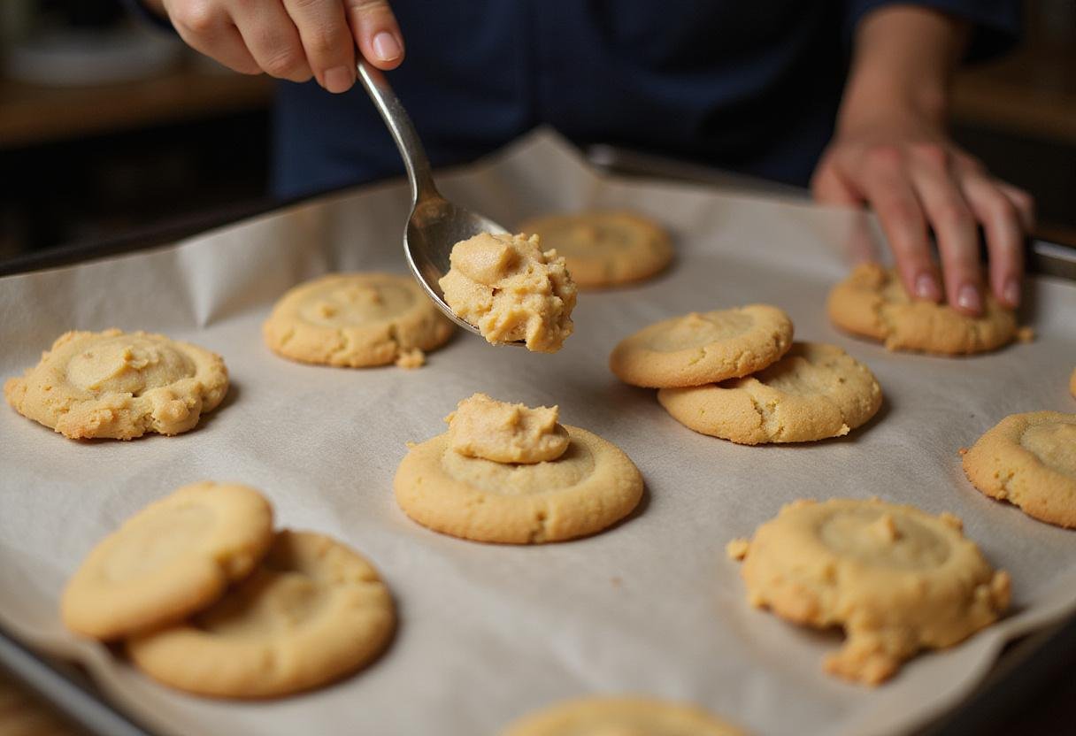 Dropping cookie dough for quick bites snack cookies onto a baking sheet, capturing the essence of homemade cookie preparation in a warm kitchen.