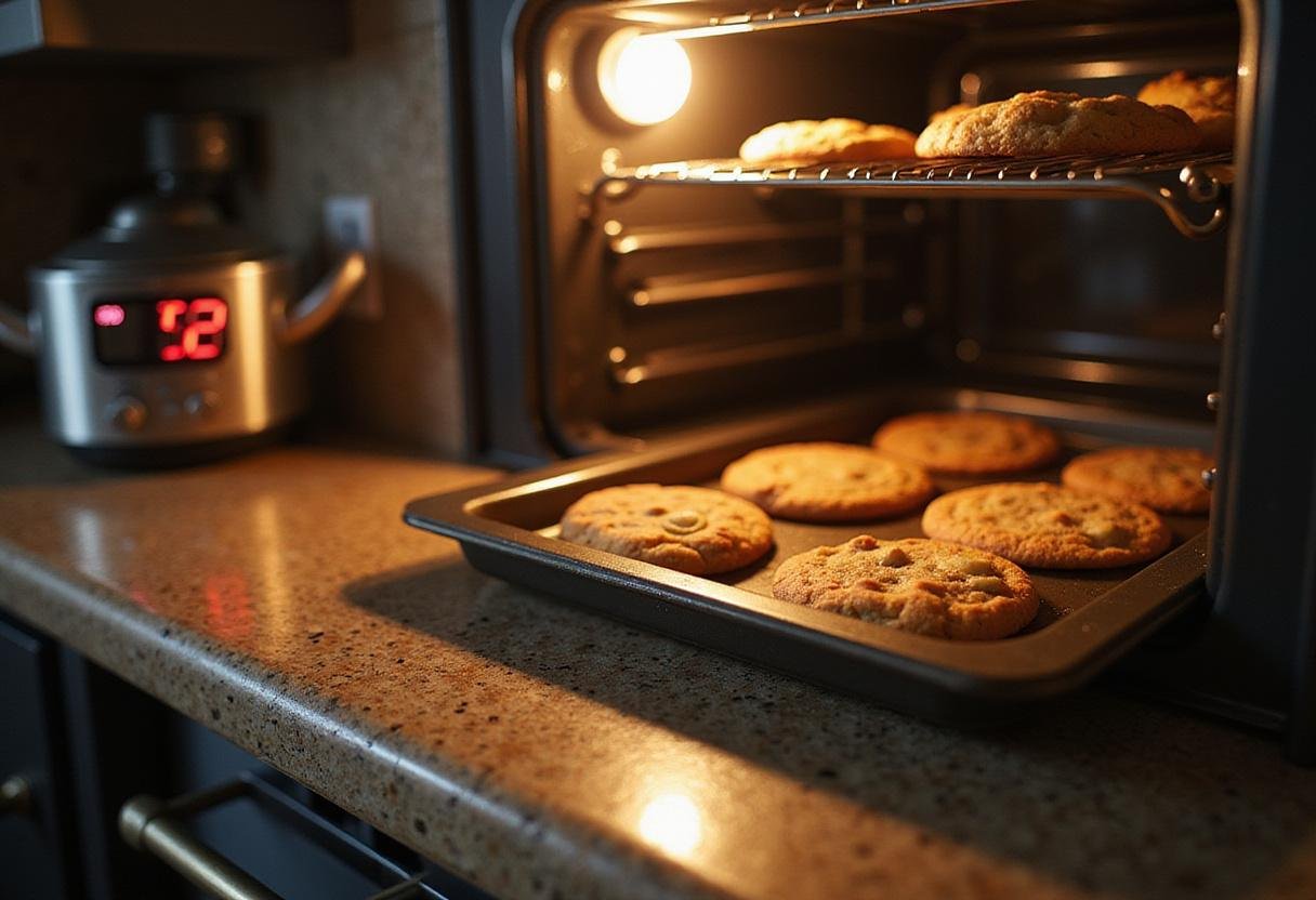 Removing hot quick bites snack cookies from the oven, highlighting the perfect golden brown color and the inviting aroma of fresh cookies.