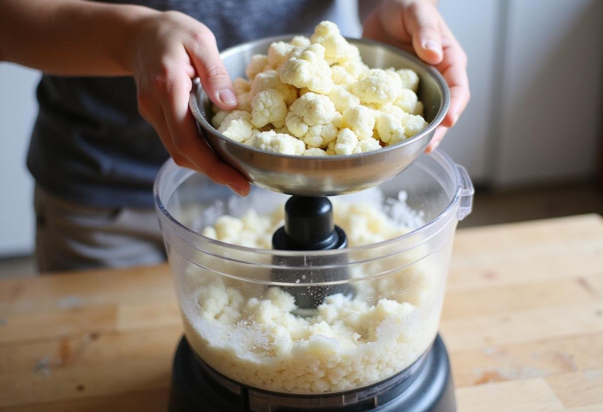 Making quick cauliflower rice using fresh cauliflower florets for a healthy stir-fry.
