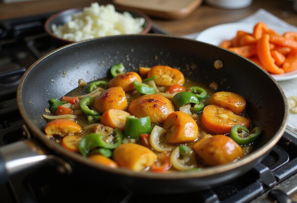 Heating oil in a pan for a quick cauliflower rice stir-fry with colorful chopped vegetables.