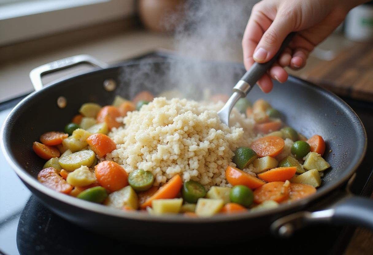 Combining cauliflower rice with sautéed vegetables for a delicious quick stir-fry.