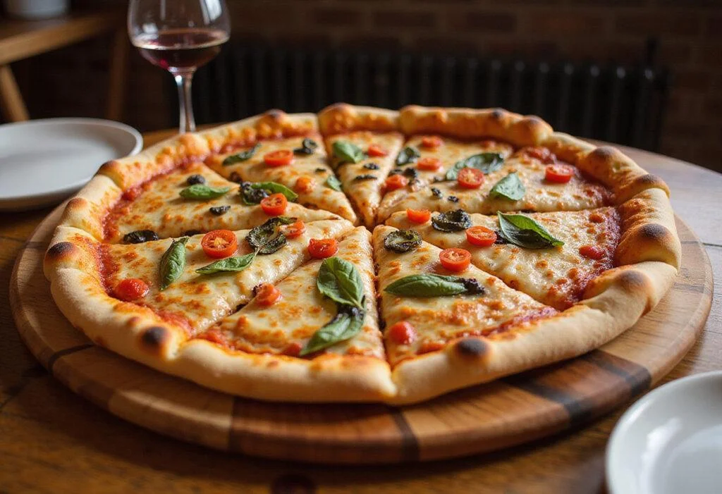 Delicious Quigs Pizza served on a wooden board, showcasing its fresh toppings and inviting presentation, perfect for a meal.