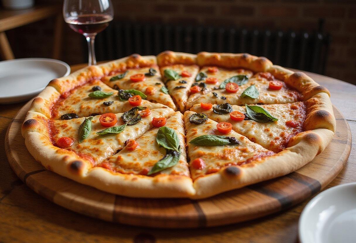 Delicious Quigs Pizza served on a wooden board, showcasing its fresh toppings and inviting presentation, perfect for a meal.
