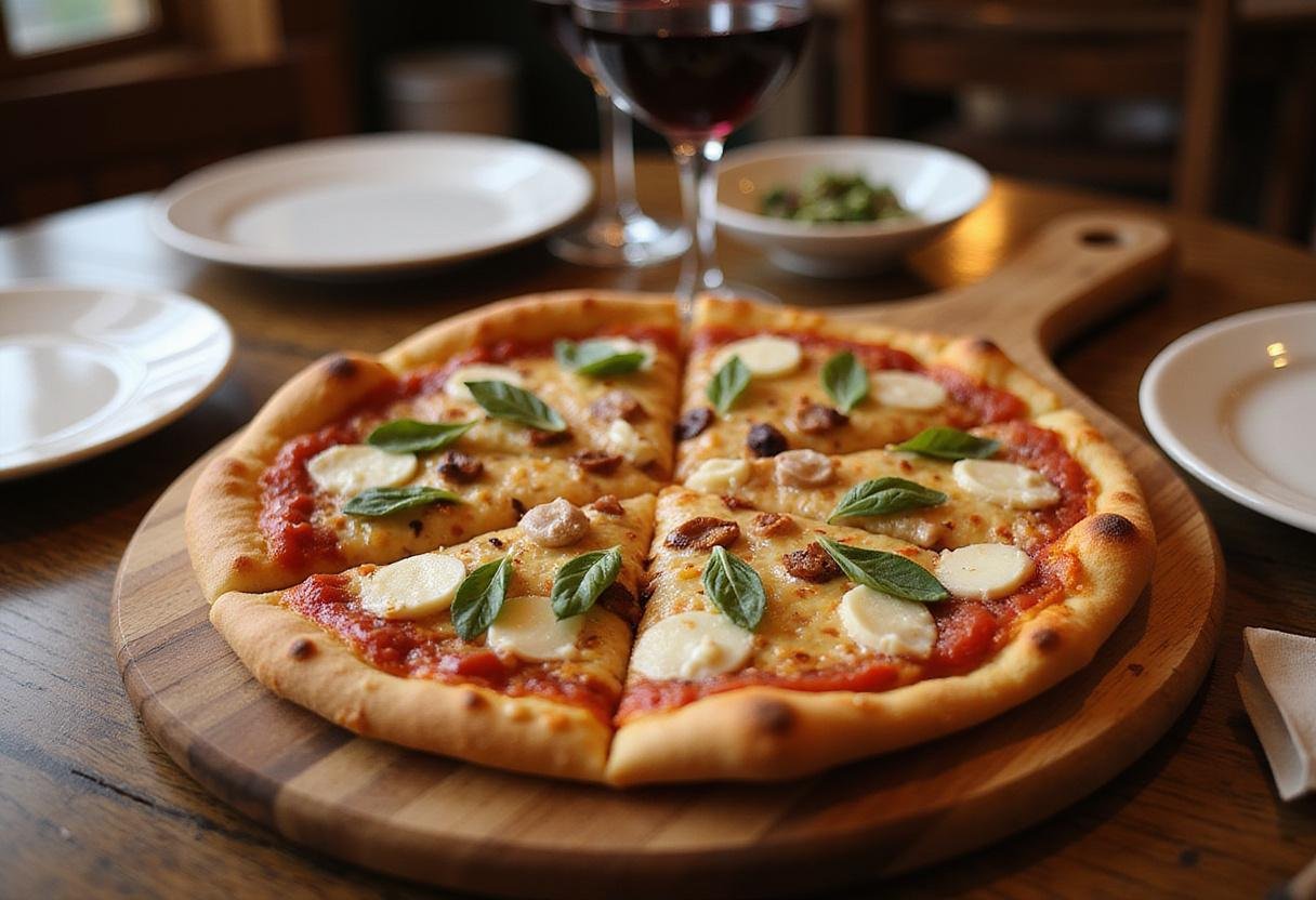 Delicious Quigs Pizza served on a wooden board, showcasing its fresh toppings and inviting presentation, perfect for a meal.
