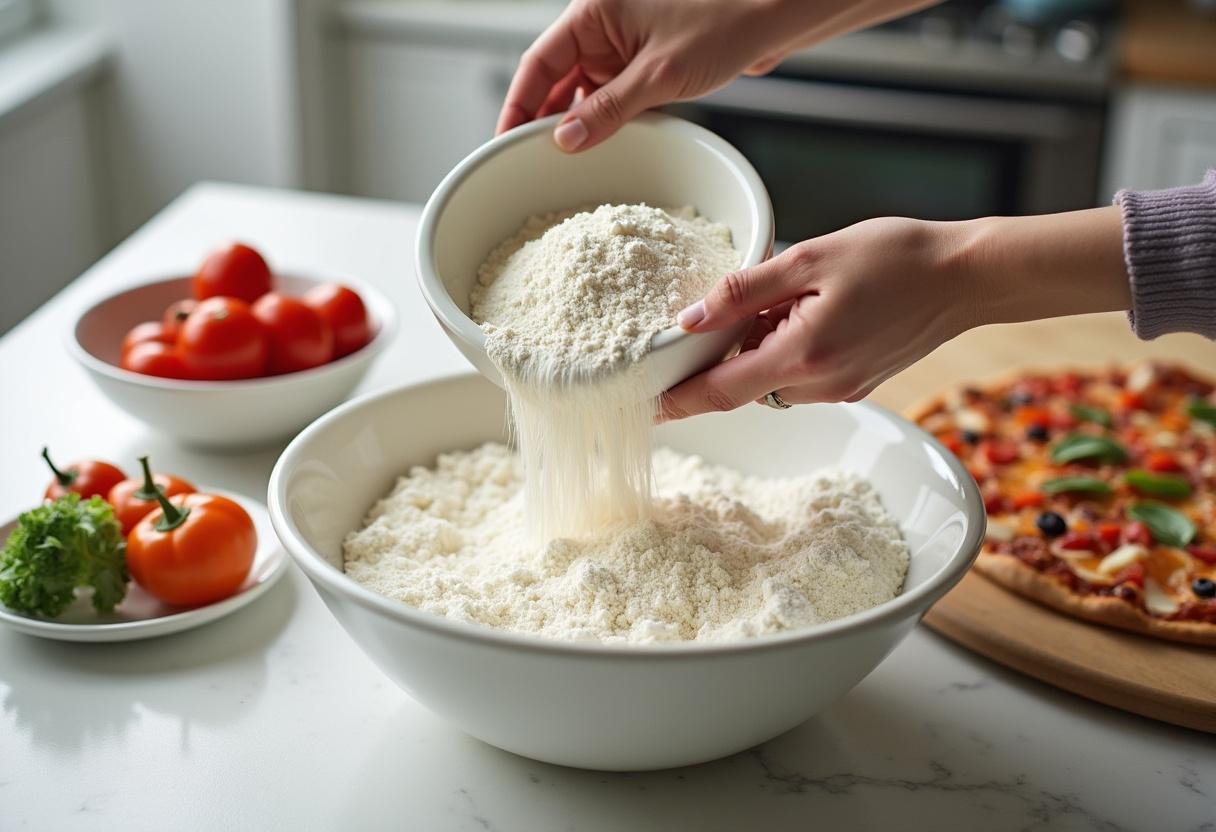 Preparing the base for Quigs Pizza by sifting flour in a bright kitchen, essential for the perfect pizza dough.
