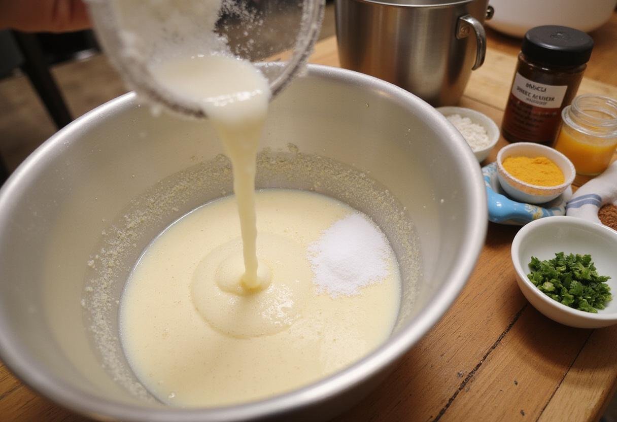 Mixing warm water, yeast, and salt for Quigs Pizza dough, essential for a flavorful and airy crust.