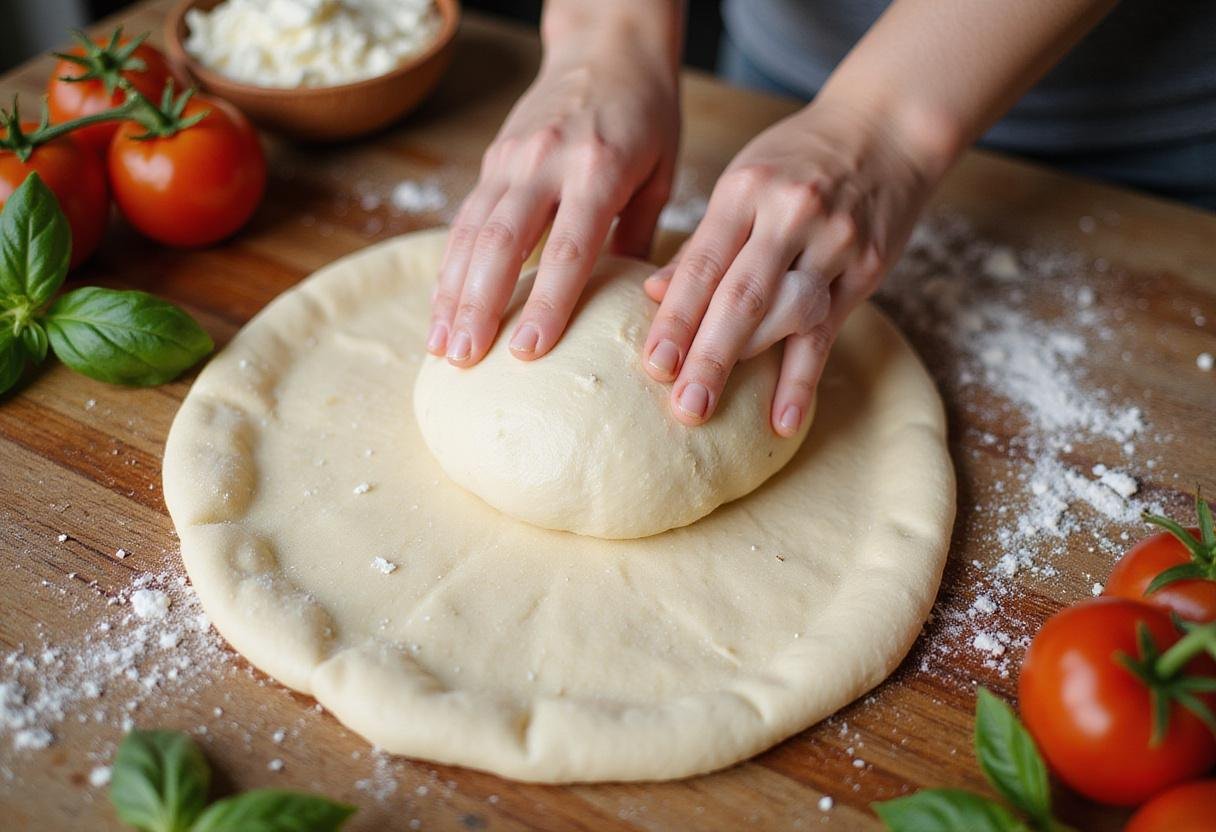 Kneading the dough for Quigs Pizza on a wooden countertop, creating a perfect texture for the pizza crust.
