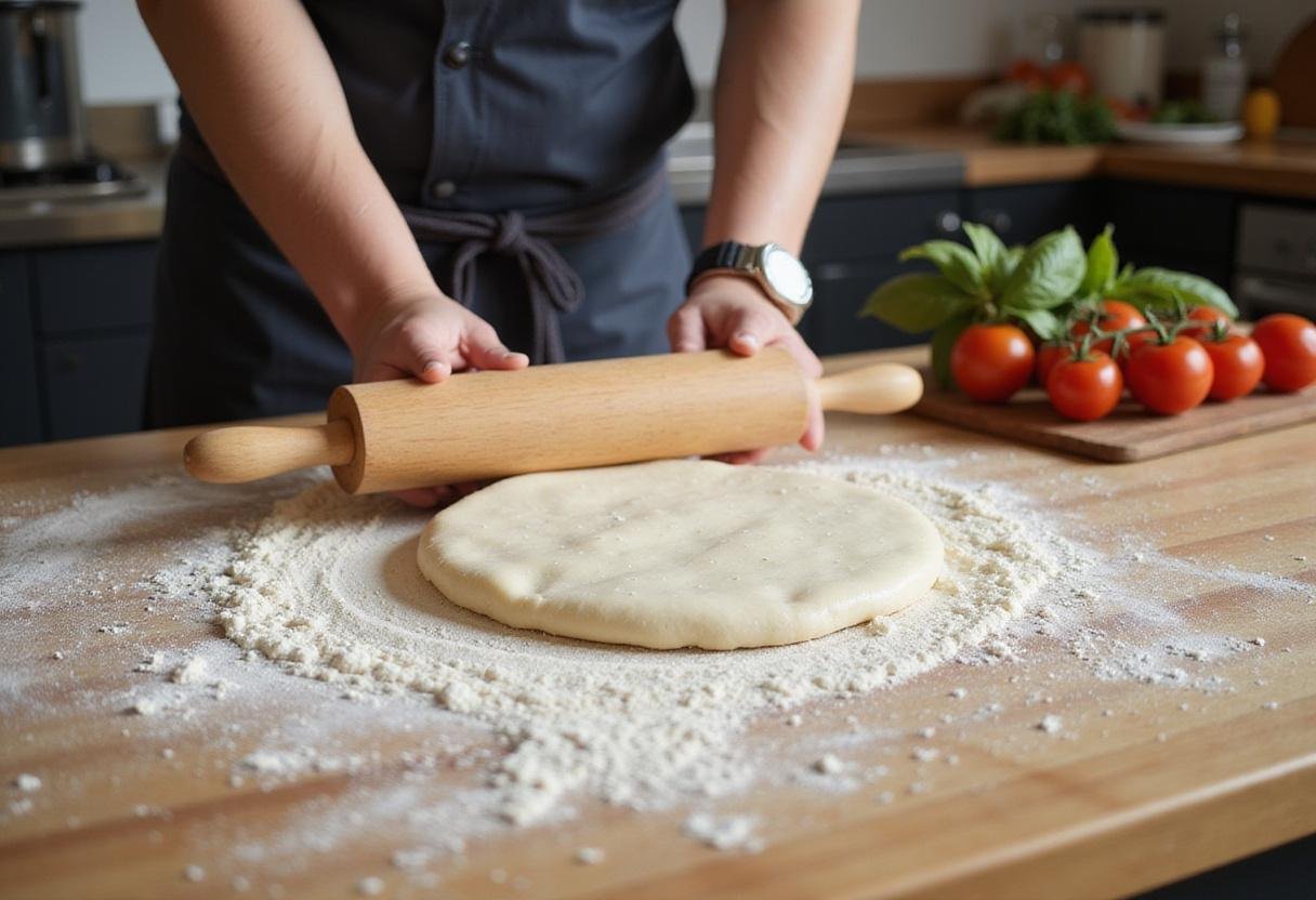 Creating the perfect red west pizza dough in Wilmington, California, with fresh ingredients and a rustic kitchen atmosphere.
