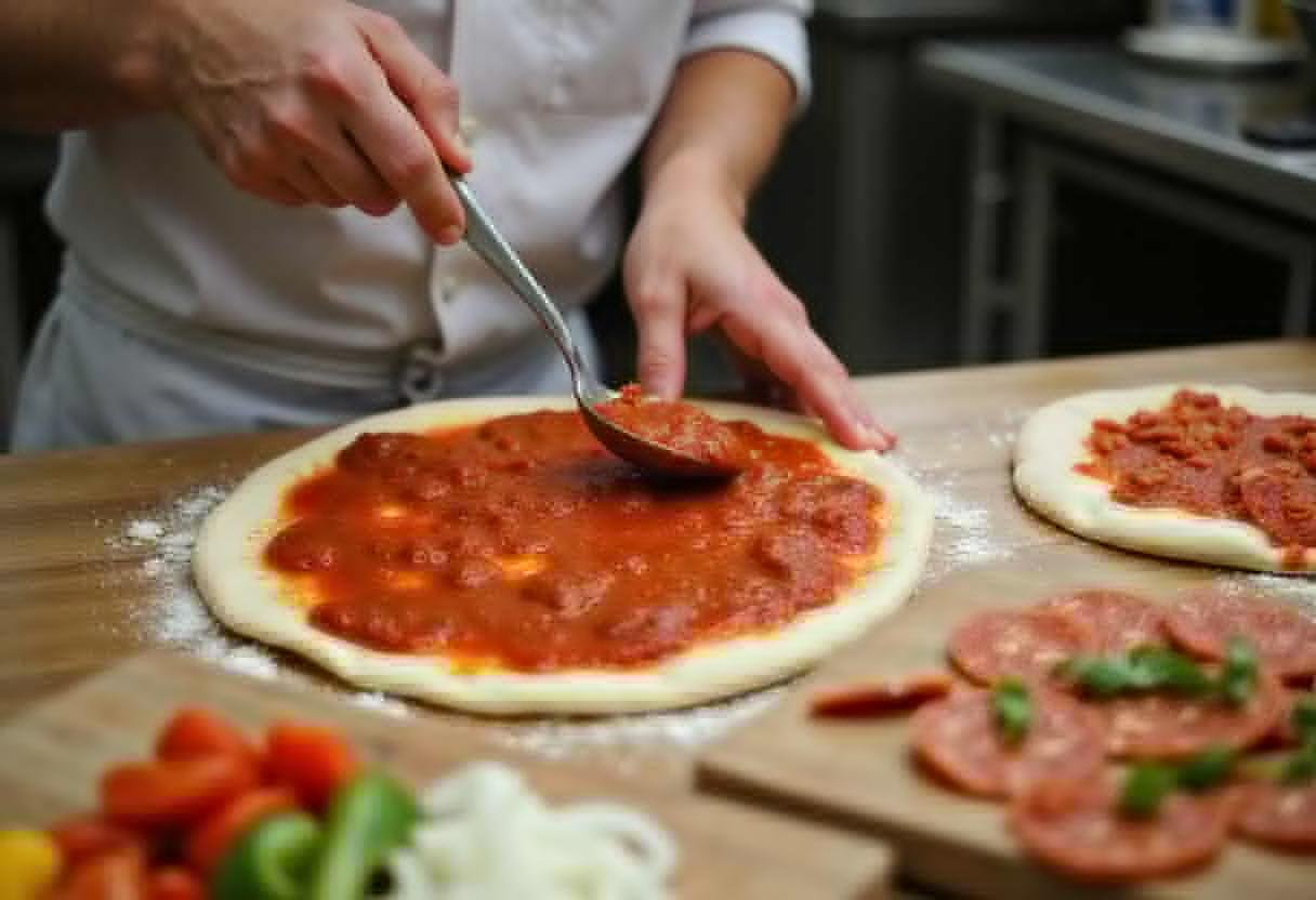 Adding delicious toppings to the red west pizza in Wilmington, California, showcasing a vibrant array of fresh vegetables and meats.
